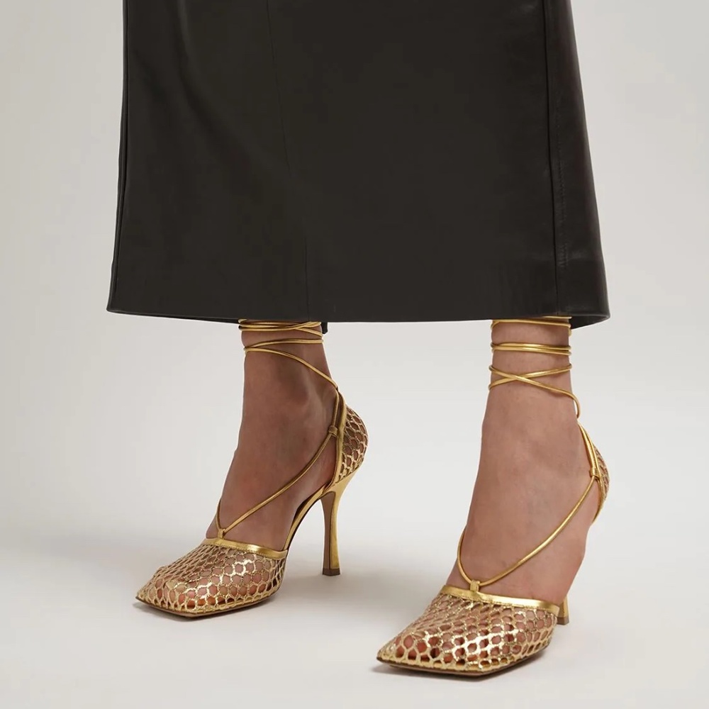 Bottega Veneta Stretch Ankle Wrap Square Toe Sandal Gold 36EU 6 651388V1BT1 NEW